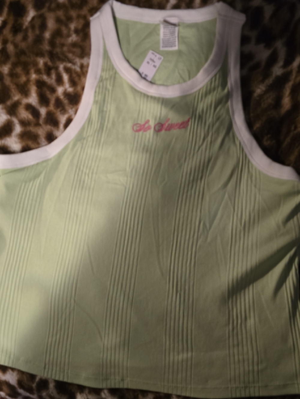 PINK Victoria's Secret Light Green Ribbed Tank with White Trim and Pink Script